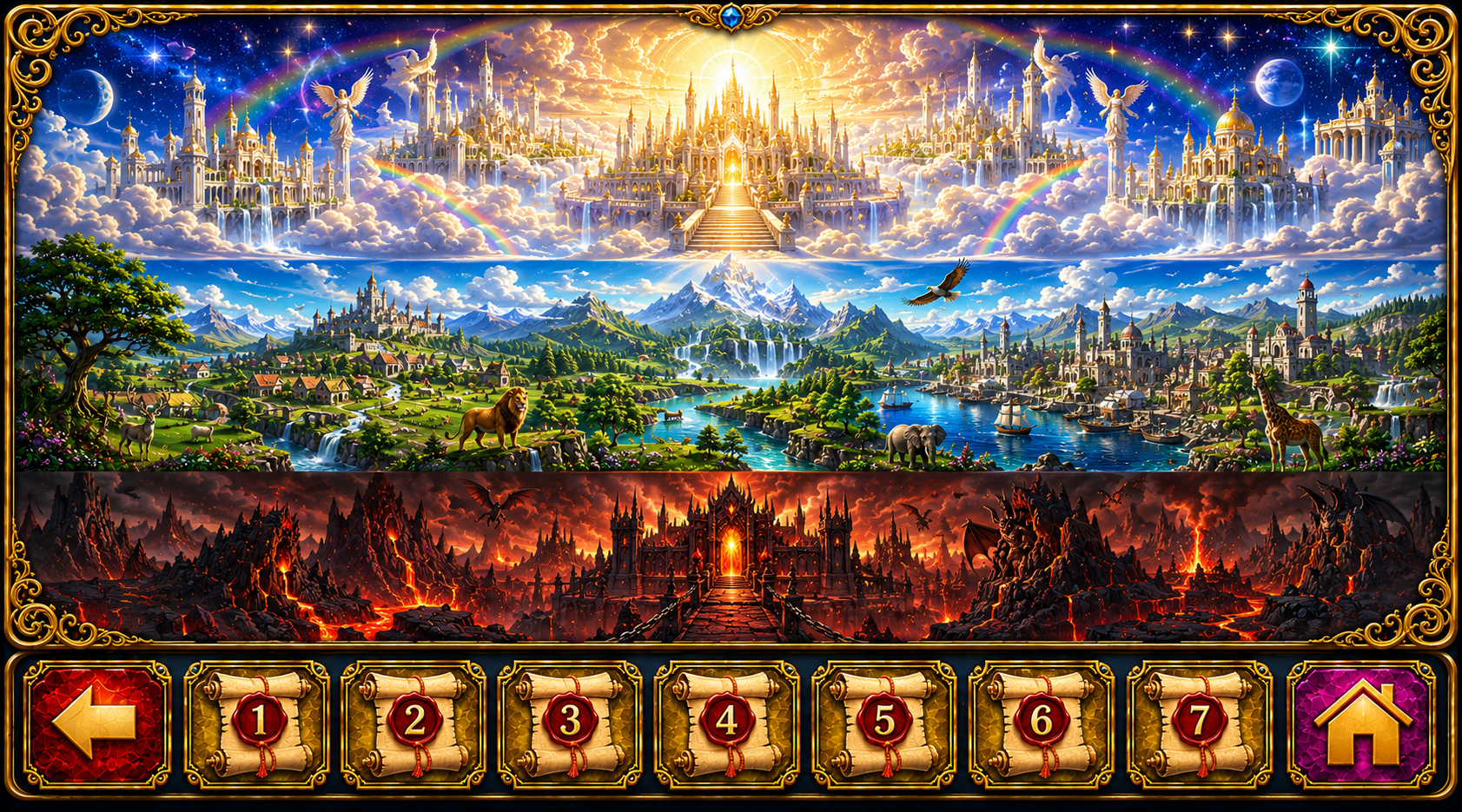 The Contact The Commander of Many Rooms — a radiant Victorian mansion with gardens, a rainbow, and a pond